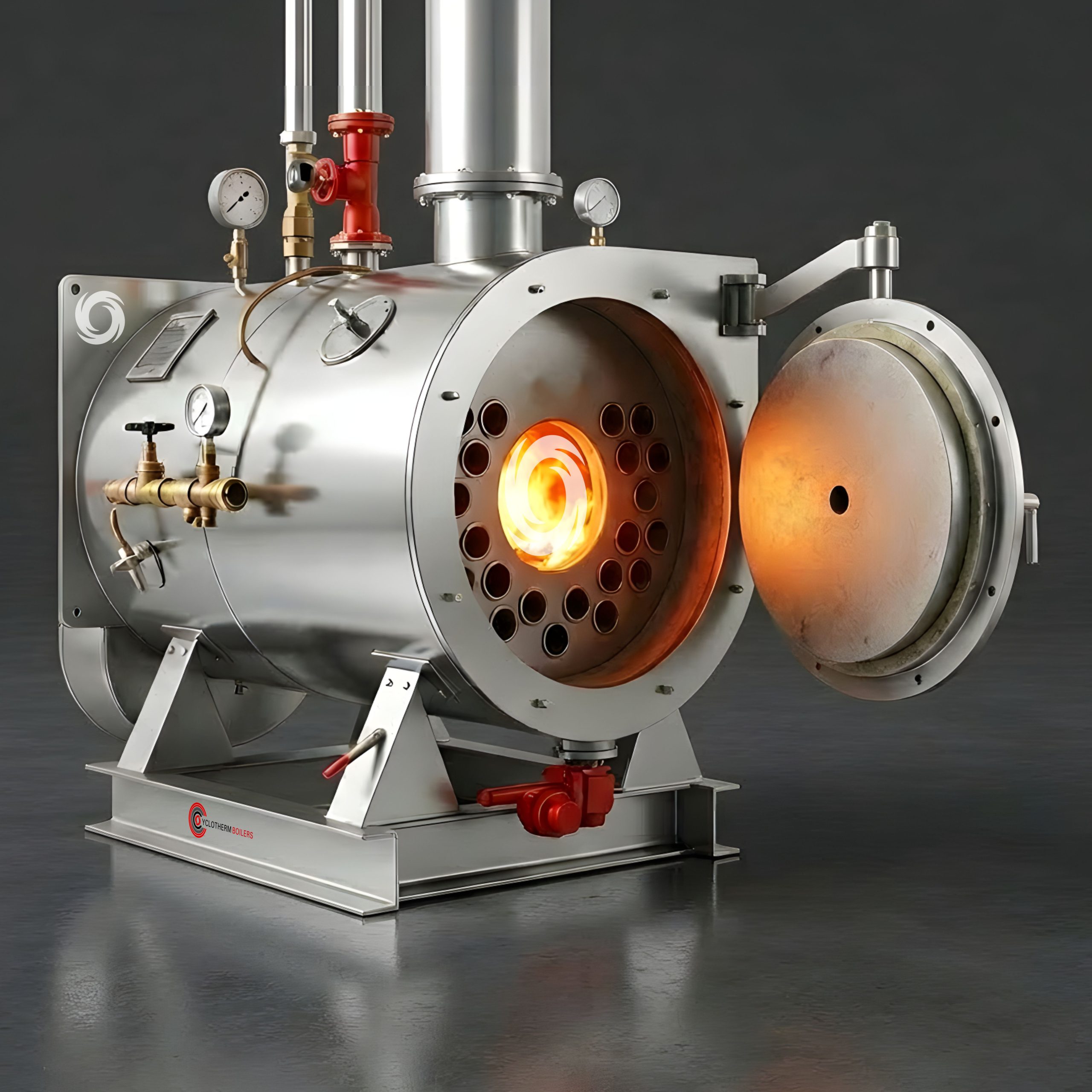 Hot gases travel through tubes. Water surrounds the tubes. Result: stable, efficient steam.