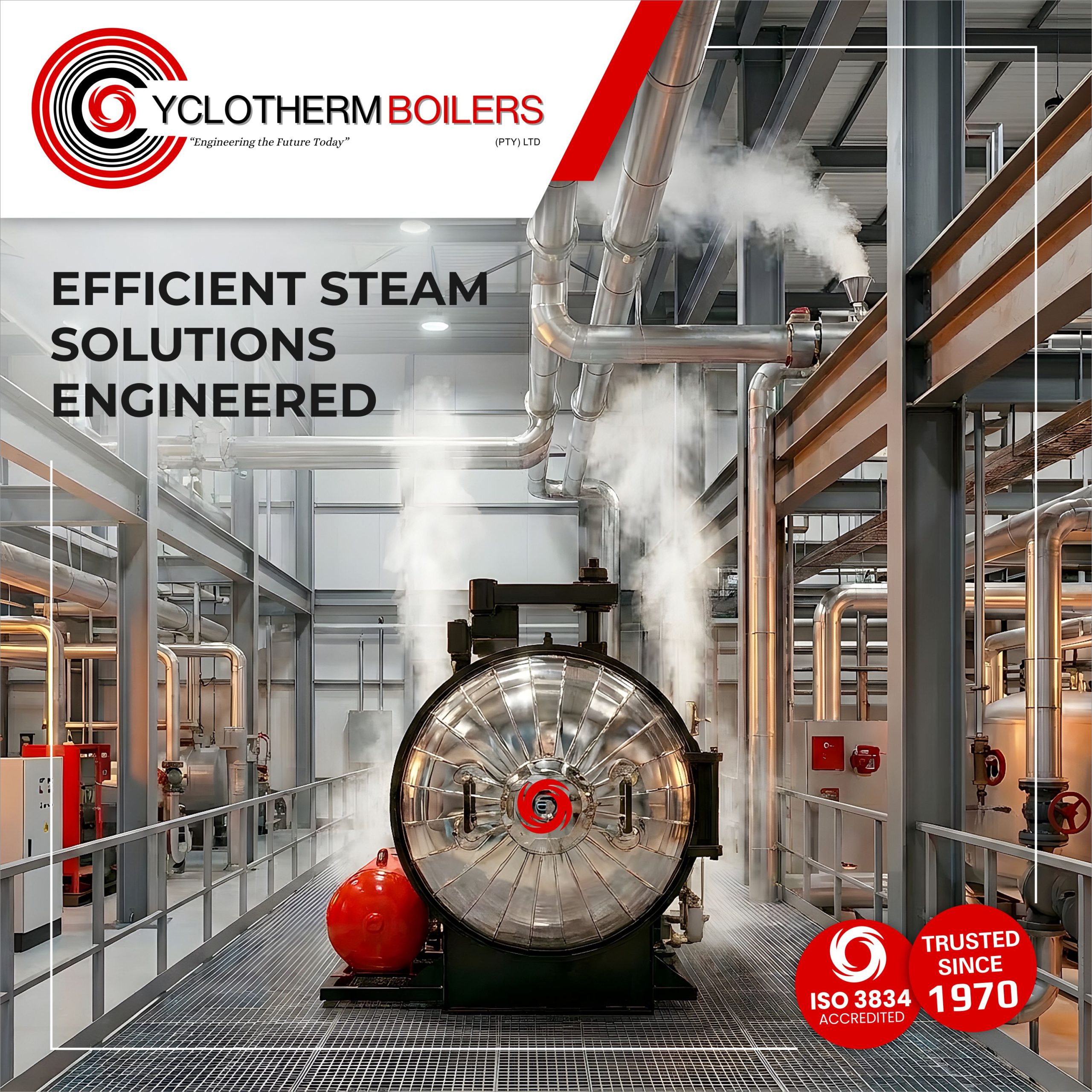 Hot gases travel through tubes. Water surrounds the tubes. Result: stable, efficient steam.