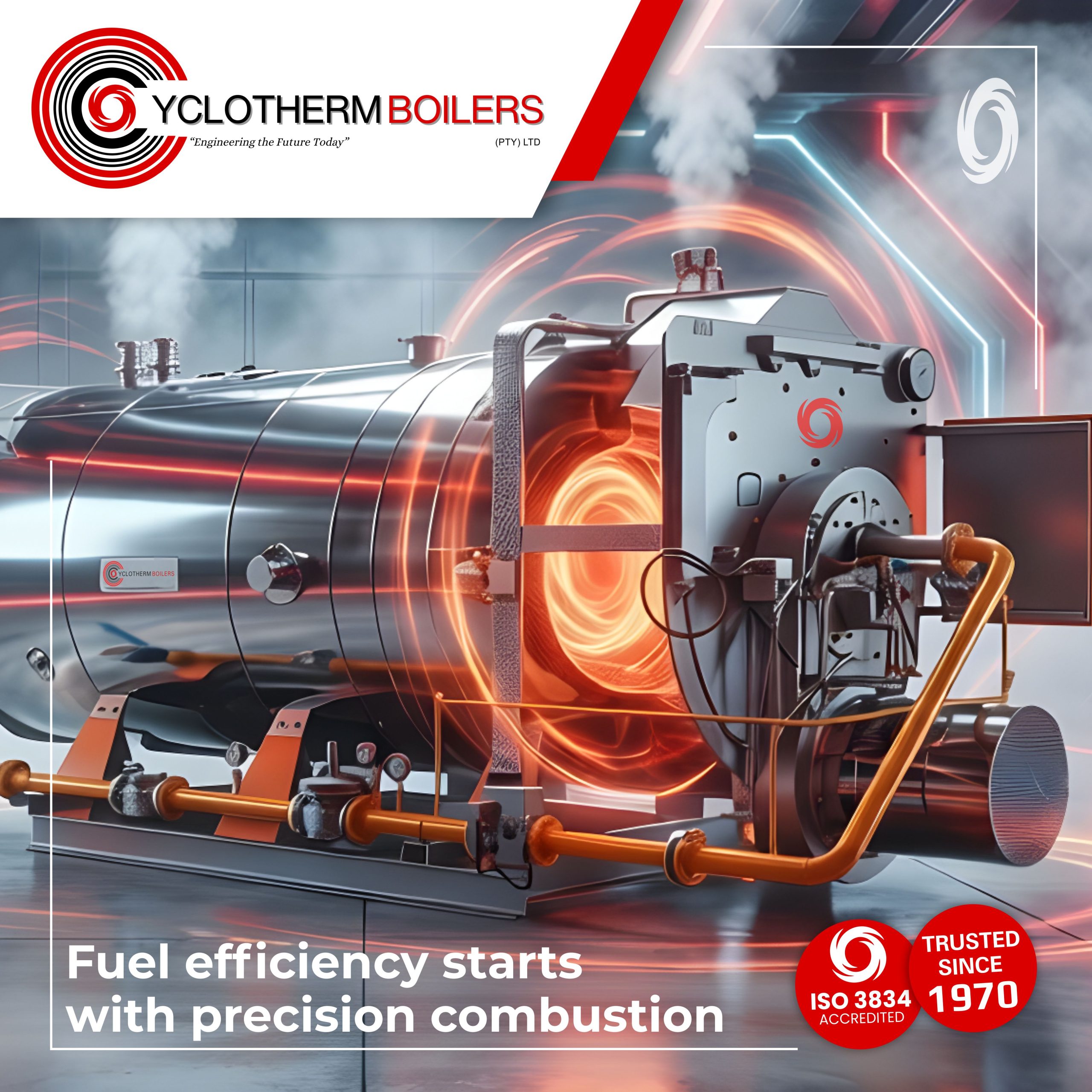 Hot gases travel through tubes. Water surrounds the tubes. Result: stable, efficient steam.