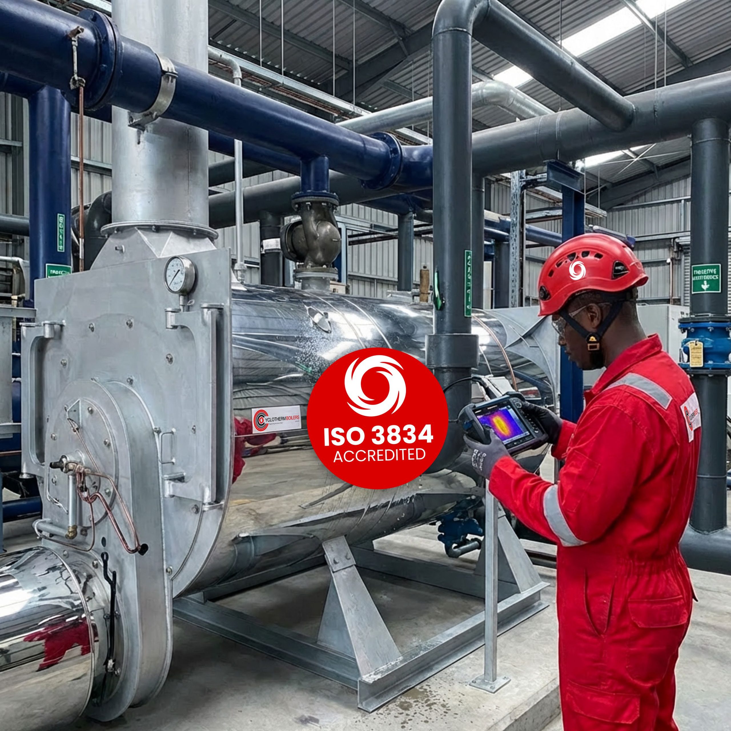 Hot gases travel through tubes. Water surrounds the tubes. Result: stable, efficient steam.